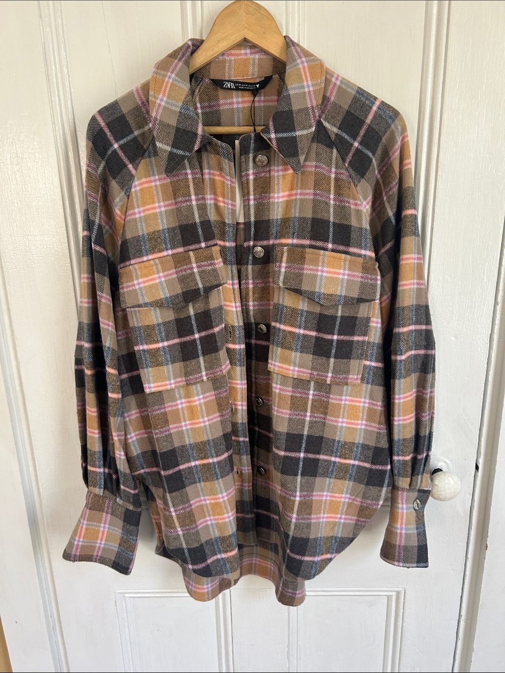 Zara Plaid Button-Down Shirt Jacket in Brown, Pink and Gray